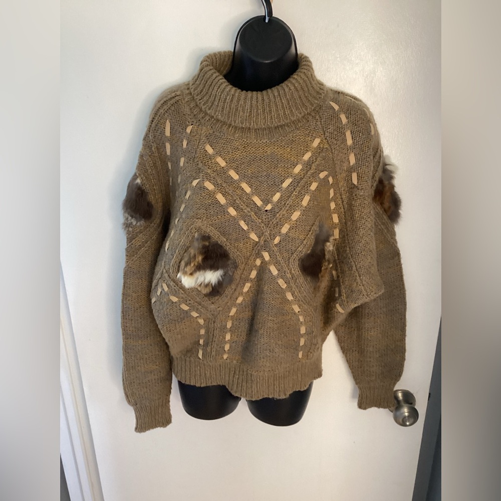 Vintage Tan Turtleneck Sweater With Woven Ribbon & Patches Of Animal Fur L